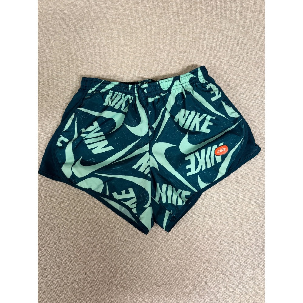 Nike Girls Dri-FIT Running Shorts Teal Mint Green Logo Print Size Medium